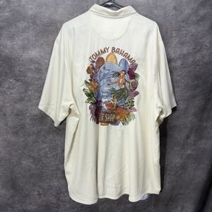 Tommy Bahama Silk Embroidered Hula Girl Surfer Button Down Shirt Mens XXL Cream